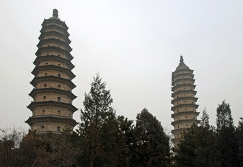 The famous pagodas at the Twin Pagoda Temple (Yongzuo Temple) in Taiyuan. The historical Twin Pagodas are one of the main landmarks in Taiyuan, Shanxi, China and are a symbol of the city.