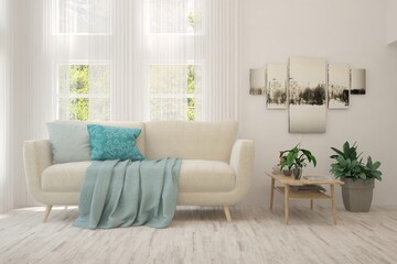 Stylish room in white color with sofa and summer landscape in window. Scandinavian interior design. 3D illustration