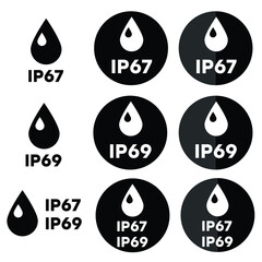 IP67, IP69 protection standart. Set of vector icons. Vector black and white icon with a drop