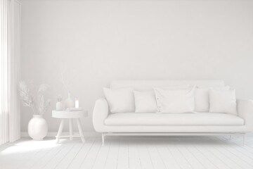 White minimalist living room with sofa. Scandinavian interior design. 3D illustration