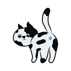 A curious black-and-white cat with a raised tail is peeping. Vector illustration isolated on a white background. For stickers, tableware designs, T-shirts, baby items, or pet stores.