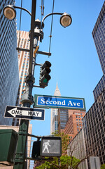 One Way and Second Avenue Street signs in Manhattan, New York City, USA.