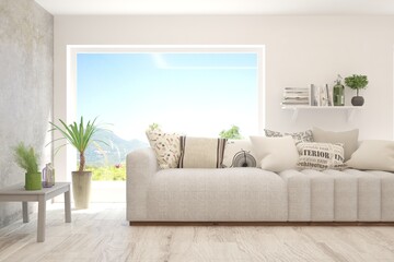 White living room with sofa and summer landscape in window. Scandinavian interior design. 3D illustration