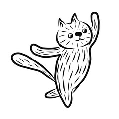 a white cat dances with its tail raised. Vector illustration isolated on a white background. For stickers, tableware designs, T-shirts, baby products, or pet stores.