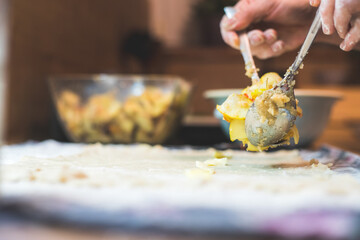 Preparing traditional Austrian apple strudel in the kitchen, close up