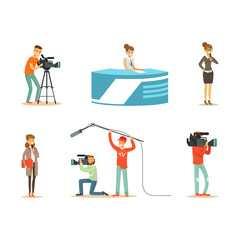 News Program Crew of Professional Cameramen and Journalists Creating TV Broadcast of Live Television Vector Set.