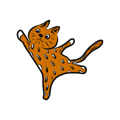a red cat dances with its tail raised. Vector illustration isolated on a white background. For stickers, tableware designs, T-shirts, baby products, or pet stores.