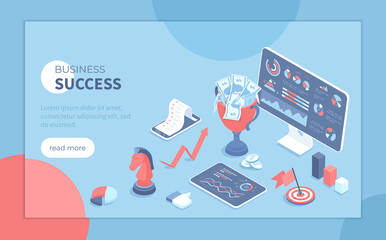 Business success and achievements. Successful startup. Planning, working, management, marketing for financial profit growth. Isometric vector illustration for banner, website.