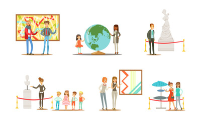 People Characters Visiting Museum and Art Gallery Vector Illustration Set