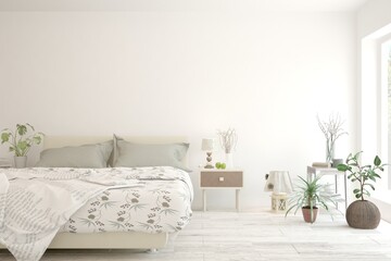 Soft color bedroom interior. Scandinavian design. 3D illustration