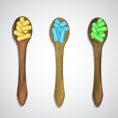 Wooden spoons set with food supplement capsules vector set isolated on white background. Design for vitamins advertising poster. Natural non gmo substances to fill in nutritional gaps. Cartoon 3d.