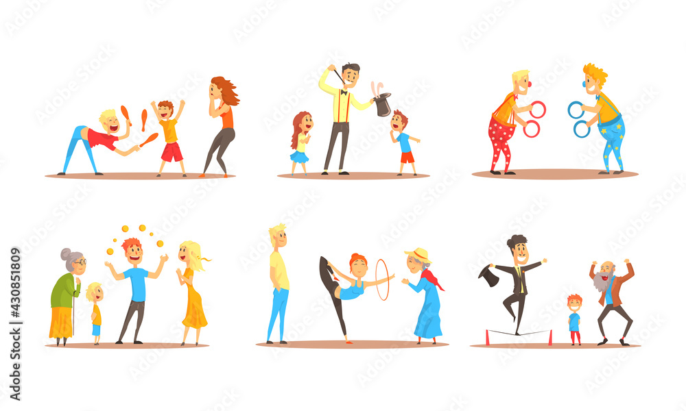 Poster street entertainers showing performance with juggling and acrobatics vector set