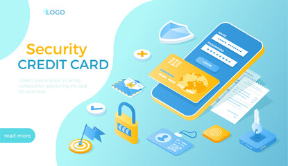 Credit сard security. Money protection, online banking, payment protection. Protection of personal information. Shield guard, fingerprint, password, login. Isometric vector illustration for website.