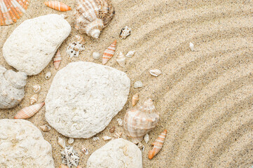 Background of sea sand, stones, seashells,summer concept, copy space