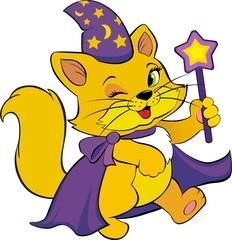 Fabulous cat in a suit, with a magic wand. Vector drawing 