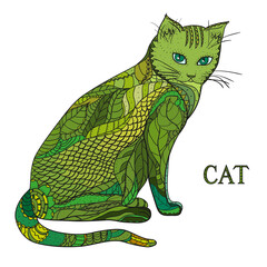 Cat. Design Zentangle. Hand drawn cat with abstract patterns on isolation background. Design for spiritual relaxation for adults. Zen art. Print for polygraphy, posters, t-shirts and textiles