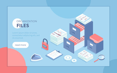 File organization service. Document archiving concept. Organized data storage system. Drawers with folders and documents. Isometric vector illustration for banner, website.