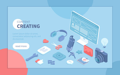 Content creating Marketing strategy. Content management and planning, analysis and optimization. Isometric vector illustration for banner, website.