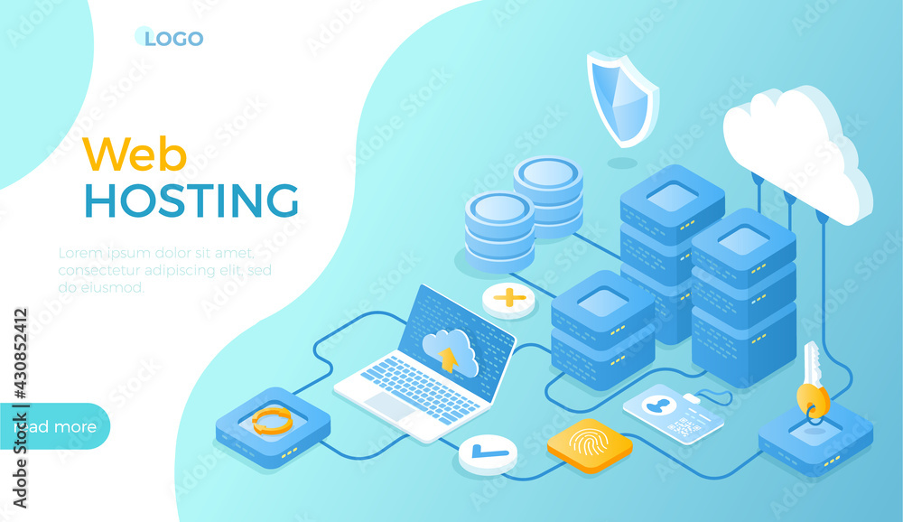 Poster web hosting, сloud computing storage, database, network connection. hosting servers, computer, cloud