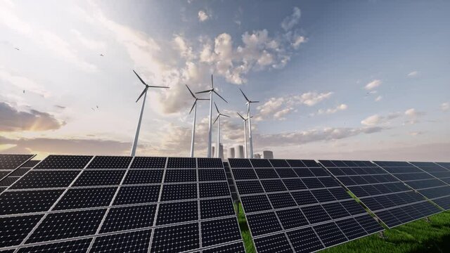 3D animation of Solar panels on large wind turbines background. Windmills. Concept of clean energy, green energy, renewable energy. Alternative energy concept.