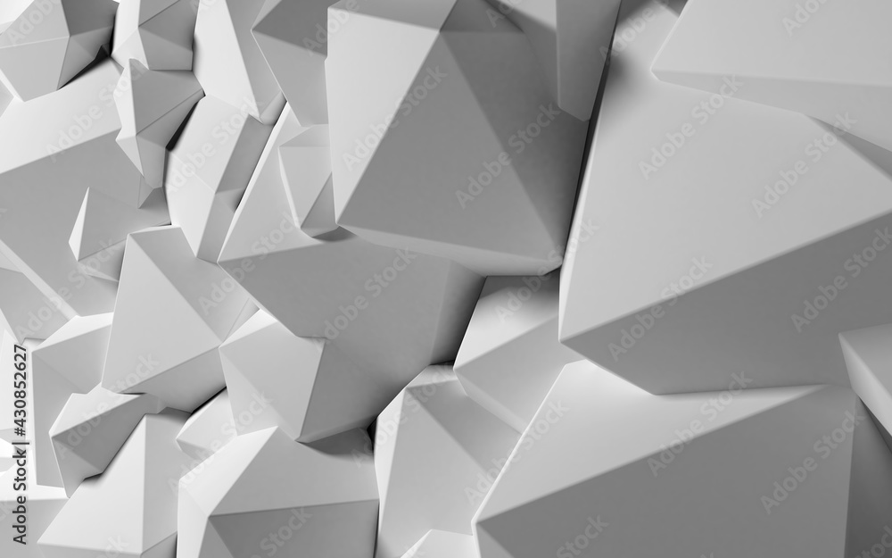 Poster Abstract background with white 3D shapes flying in the light as a messy array or chaotic structure for any pastel backdrop. 3D illustration.