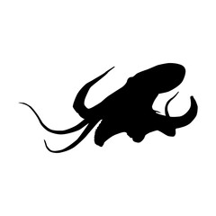 Sea octopus with tentacles isolated black silhouette. Black cuttlefish. Squid. Marine animal. White background. Vector illustration clipart.