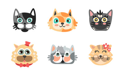Different Cat Muzzle and Heads with Whiskers Vector Set