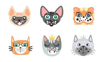 Different Cat Muzzle and Heads with Whiskers Vector Set