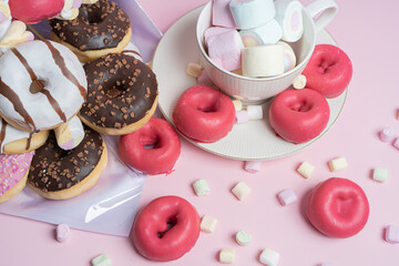 Sweet pochiki, muffins, sweets, close-up. View from the top There is a place for text Concept of a sweet gift, congratulations on the holiday.