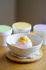 Blueberry Italy Gelato ice cream iced dessert  and crumble in japanese style cup.