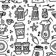 Doodle cute hand drawn coffee seamless pattern. Linear cup, pot, cocktail, beans in sack vector illustration.