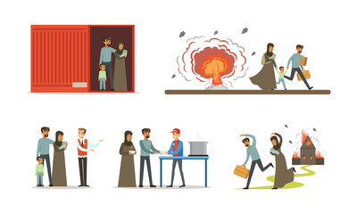 Stateless Refugees or Displaced People Crossing National Boundary Escaping War and Poverty Vector Illustration Set