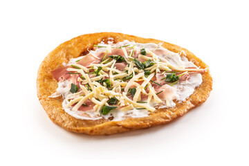 Tastyful fried langos served with cheese cream, prosciutto, garlic and green onion