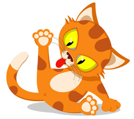 Ginger cat sits and licks, home pet