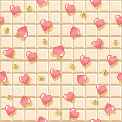White chocolate bar seamless background, decorated with hearts and glitter polka dots. Festive romantic pattern for a birthday, wedding, Valentine's day. Vector