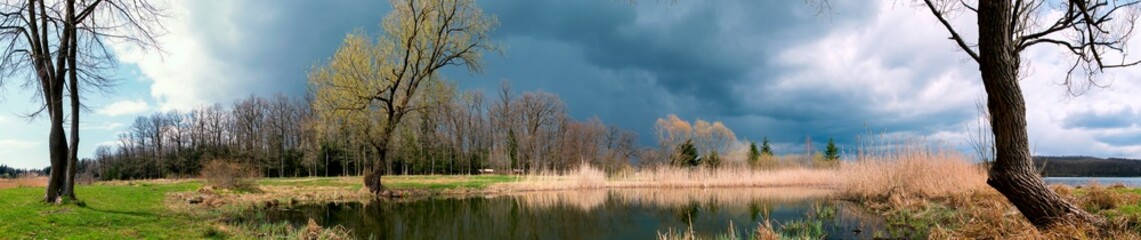 Lake near the forest in spring with a cloudy sky