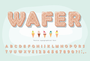 Wafer ice cream font. Cute cartoon alphabet. Sweet letters and numbers. For birthday, baby shower, valentine, sweets shop. Vector