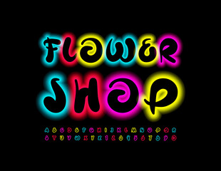 Vector bright logo Flower Shop with Artistic Neon Font. Glowing bright Alphabet Letters and Numbers set