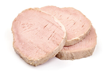 Boiled pork slices, isolated on white background. High resolution image.