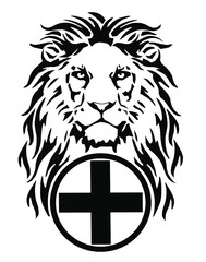 The Lion's head and the symbol of Christianity - the catholic cross, drawing for tattoo, on a white background, illustration, black and white, vector 