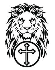 The Lion's head and the symbol of Christianity - the catholic cross, drawing for tattoo, on a white background, illustration, black and white, vector 