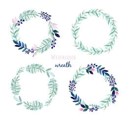 Watercolor wreath set with flowers and leaves. illustrations