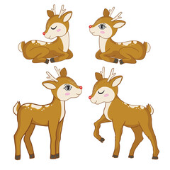 Set of vector illustration of a cute funny deer. Isolated objects on a white background.