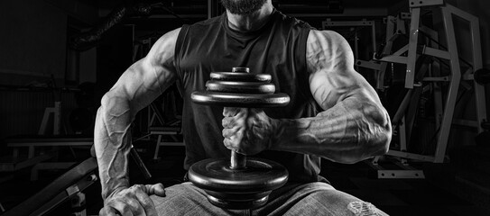 Muscular man sits on a bench with a dumbbell in the gym. Fitness and bodybuilding concept. - obrazy, fototapety, plakaty