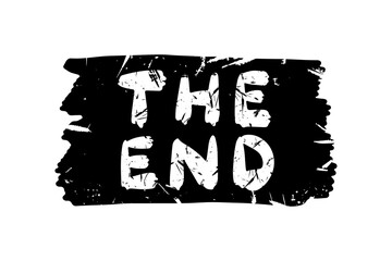 Text The End. Black ink grunge silhouette. Front horizontal view. Vector simple flat graphic hand drawn illustration. The isolated object on a white background. Isolate.