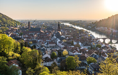 Heidelberg panorama with old city, old bridge and Neckar river on a sunny spring evening