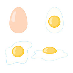 Cartoon egg isolated on white background. Set of fried, boiled, half, sliced eggs. Vector illustration.