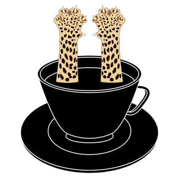 Two spotted feline paws of cheetah or jaguar emerging from cup of tea or coffee. Creative funny beverage concept. Isolated vector illustration.