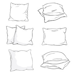 Set hand-drawn sketch style pillows - one, two, stack of four, hand holding pile of three pillows, vector illustration isolated on white background.