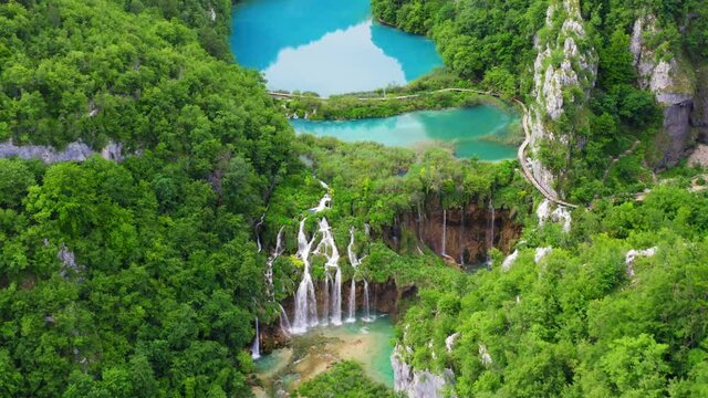 Aerial view of the lakes on the Plitvice Lakes National Park, Croatia